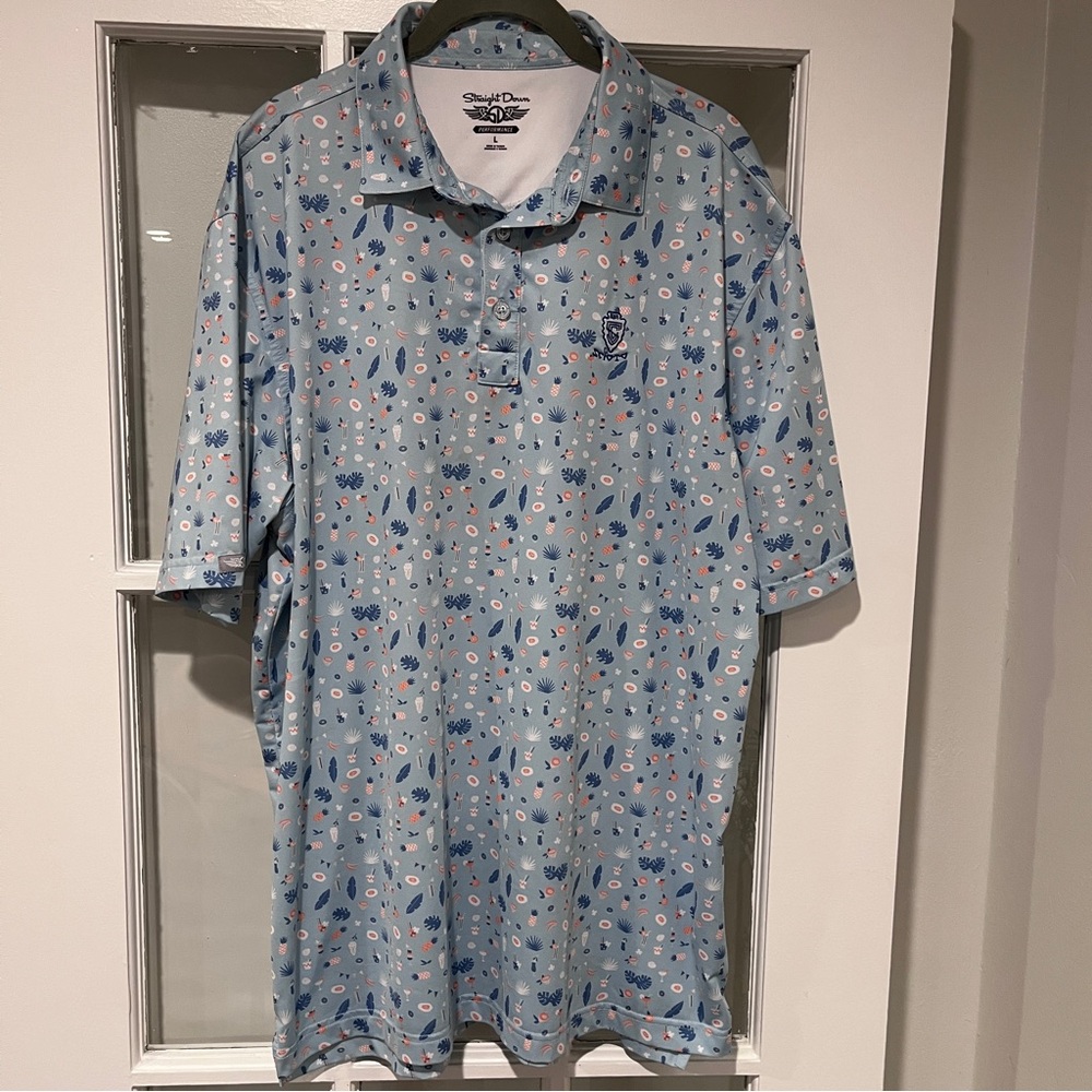 STRAIGHT DOWN Mens Golf Polo Shirt Sz L Short Sleeve Scioto CC Blue Cocktails